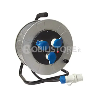 Avvolgicavo metallico 30 m. H07RN-F 3G2,5 - disco prese Ø 205 mm. - 3 prese 2P+T 16A 220V CEE blu + disgiuntore