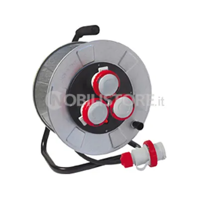 Avvolgicavo metallico IP55 30 m. H07RN-F 4G2,5 - disco prese Ø 205 mm. - 3 prese 3P+T 16A 380V IP67 CEE rosso + disgiuntore