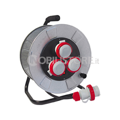 Avvolgicavo metallico IP55 30 m. H07RN-F 4G2,5 - disco prese Ø 205 mm. - 3 prese 3P+T 16A 380V IP67 CEE rosso + disgiuntore