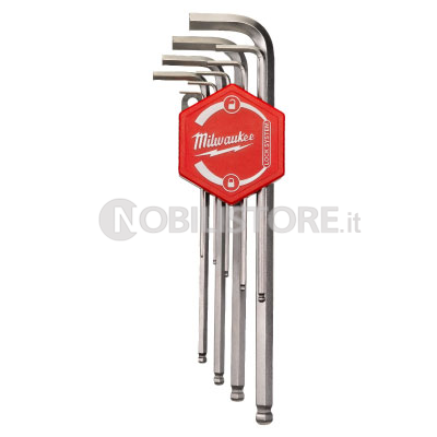 Serie chiavi a brugola lunghe piegante con punta sferica Milwaukee 9 pezzi